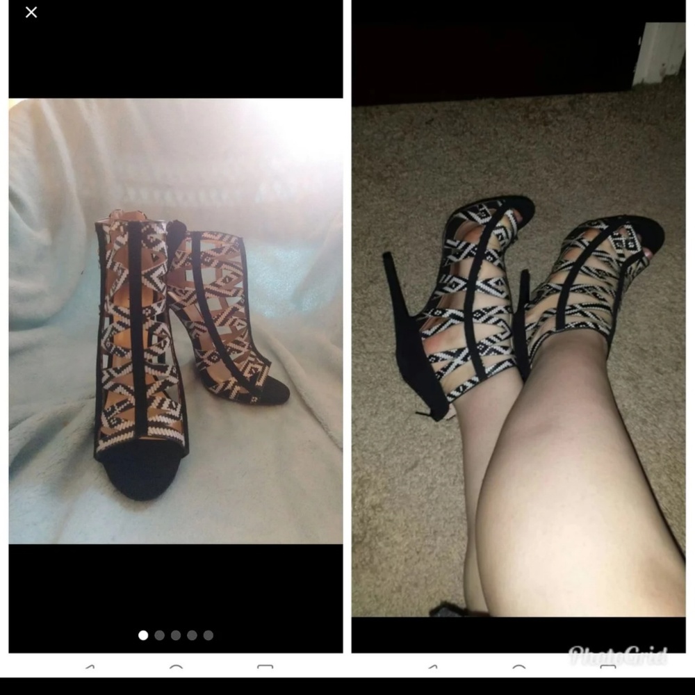 Size 7.5 black & white tribal print strappy heels